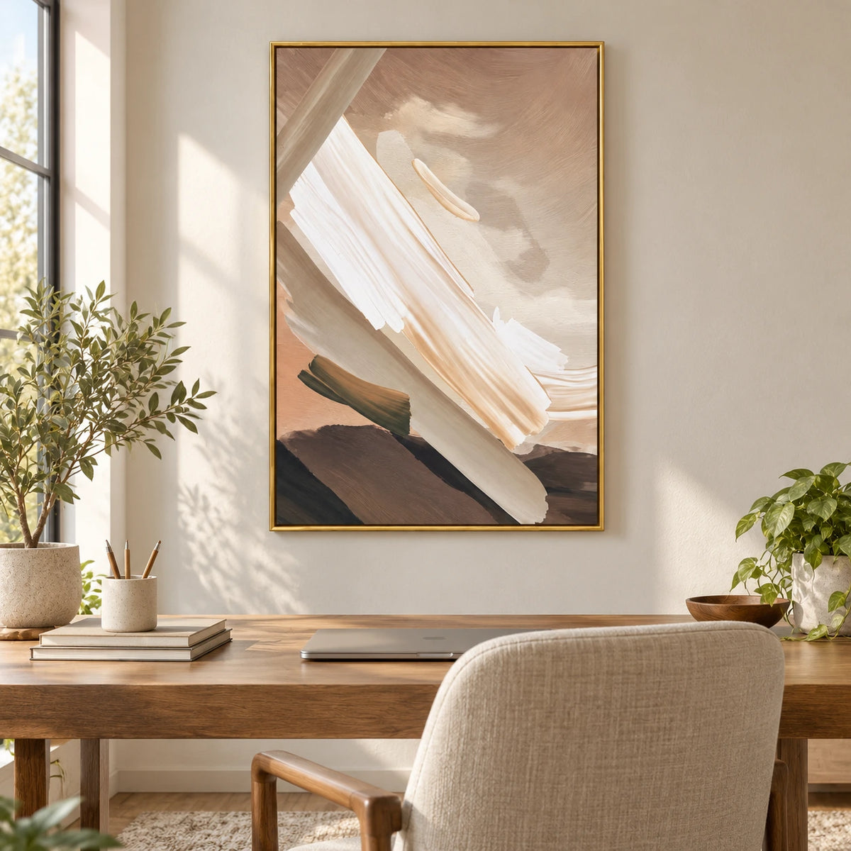 Neutral Diagonal Brushstrokes Oil Painting | Cream White Taupe and Peach Textured Abstract Vertical Wall Art #OA 1714