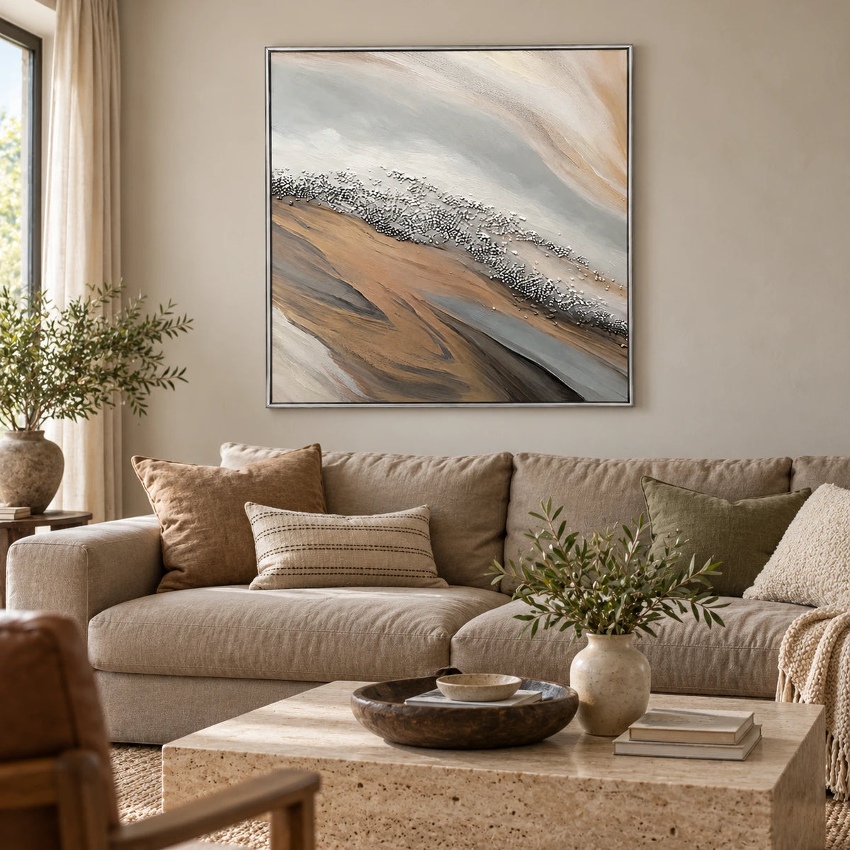 Neutral Diagonal Shoreline Oil Painting | Beige Grey White Pebble Texture and Flowing Sand Square Abstract Wall Art OA 1751