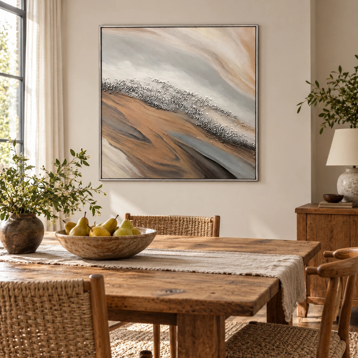 Neutral Diagonal Shoreline Oil Painting | Beige Grey White Pebble Texture and Flowing Sand Square Abstract Wall Art OA 1751
