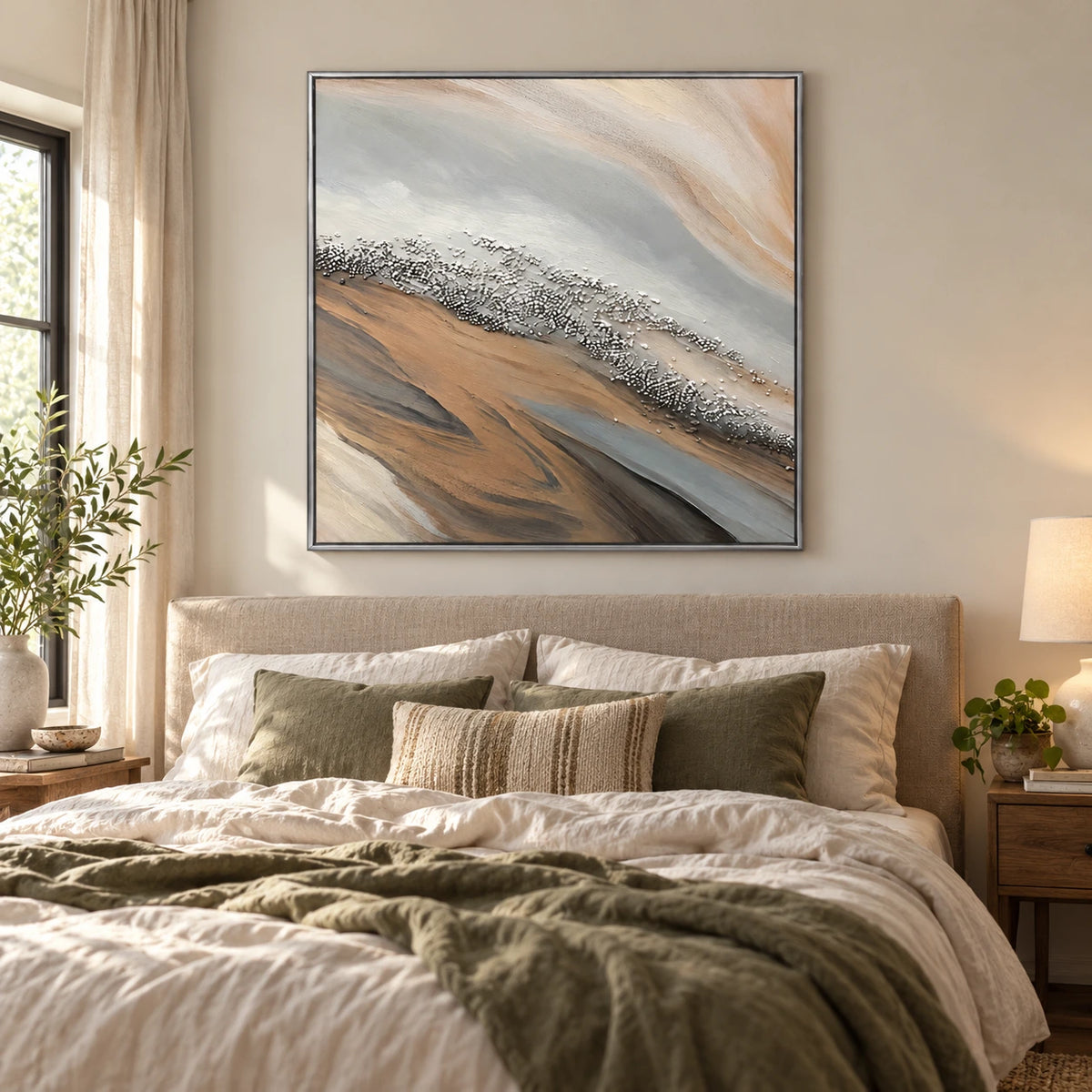 Neutral Diagonal Shoreline Oil Painting | Beige Grey White Pebble Texture and Flowing Sand Square Abstract Wall Art OA 1751