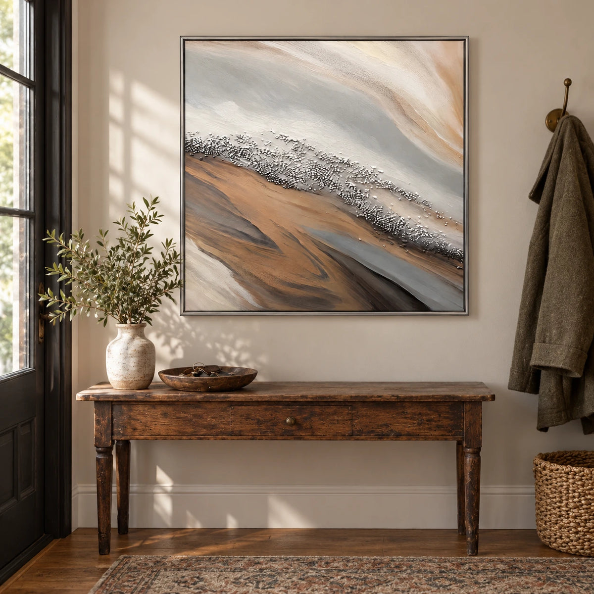 Neutral Diagonal Shoreline Oil Painting | Beige Grey White Pebble Texture and Flowing Sand Square Abstract Wall Art OA 1751
