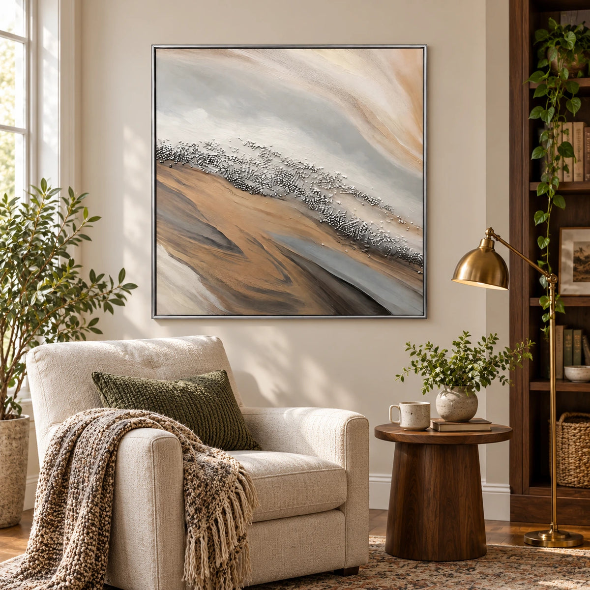 Neutral Diagonal Shoreline Oil Painting | Beige Grey White Pebble Texture and Flowing Sand Square Abstract Wall Art OA 1751
