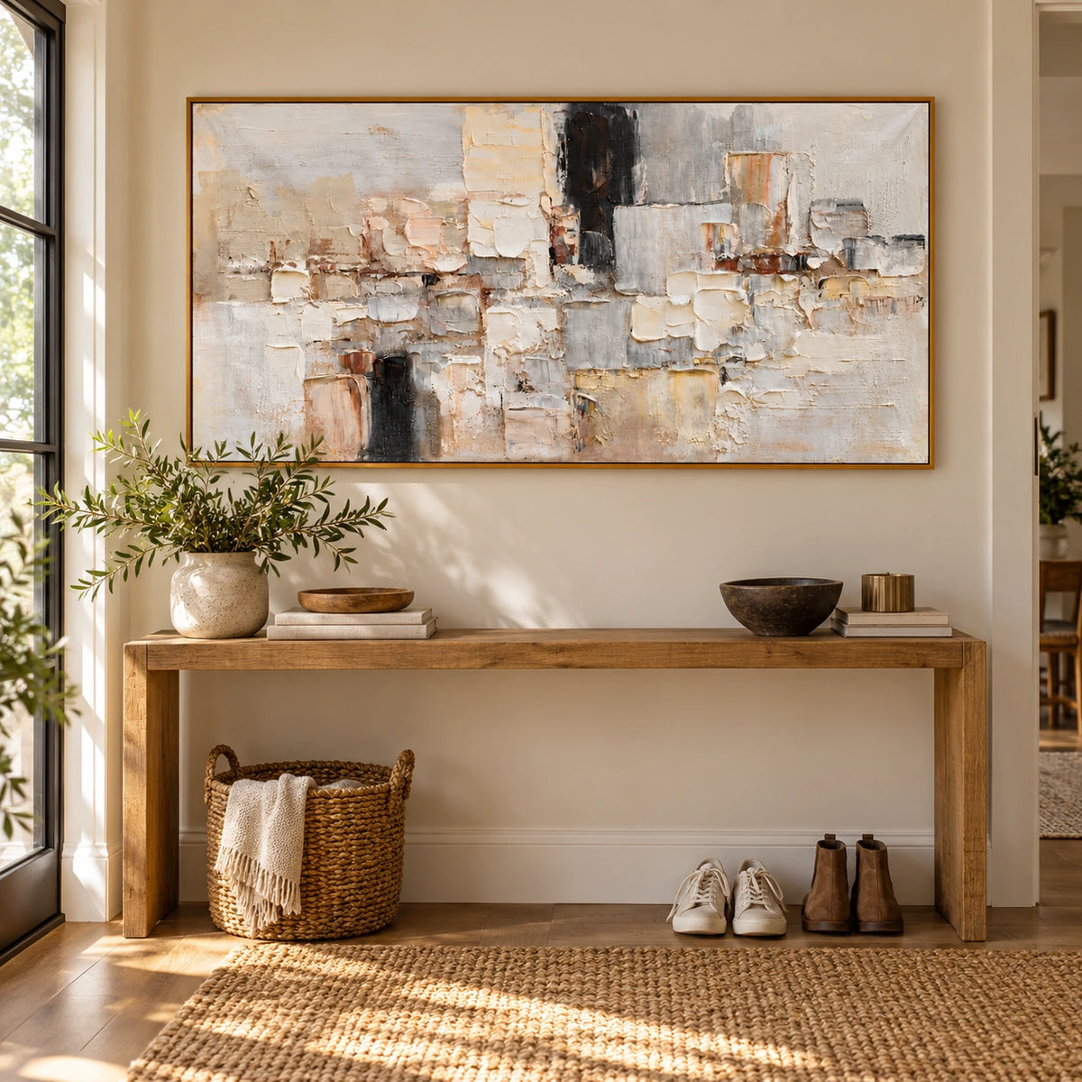 Neutral Geometric Blocks Oil Painting | White Beige Grey and Black Impasto Panoramic Abstract Wall Art OA 1781