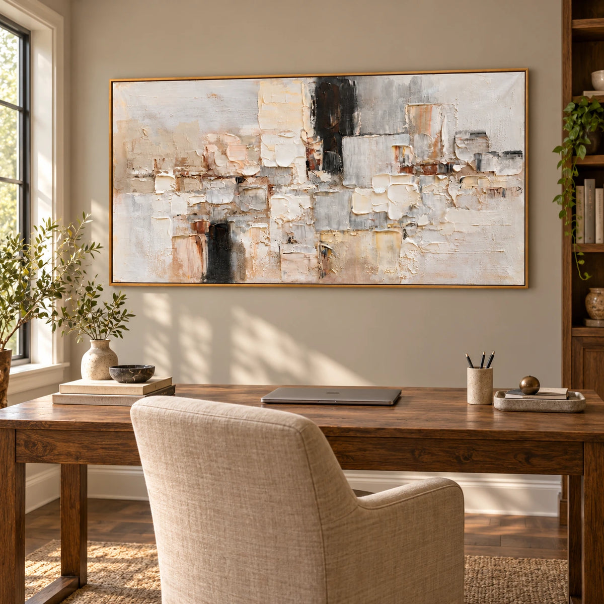 Neutral Geometric Blocks Oil Painting | White Beige Grey and Black Impasto Panoramic Abstract Wall Art OA 1781