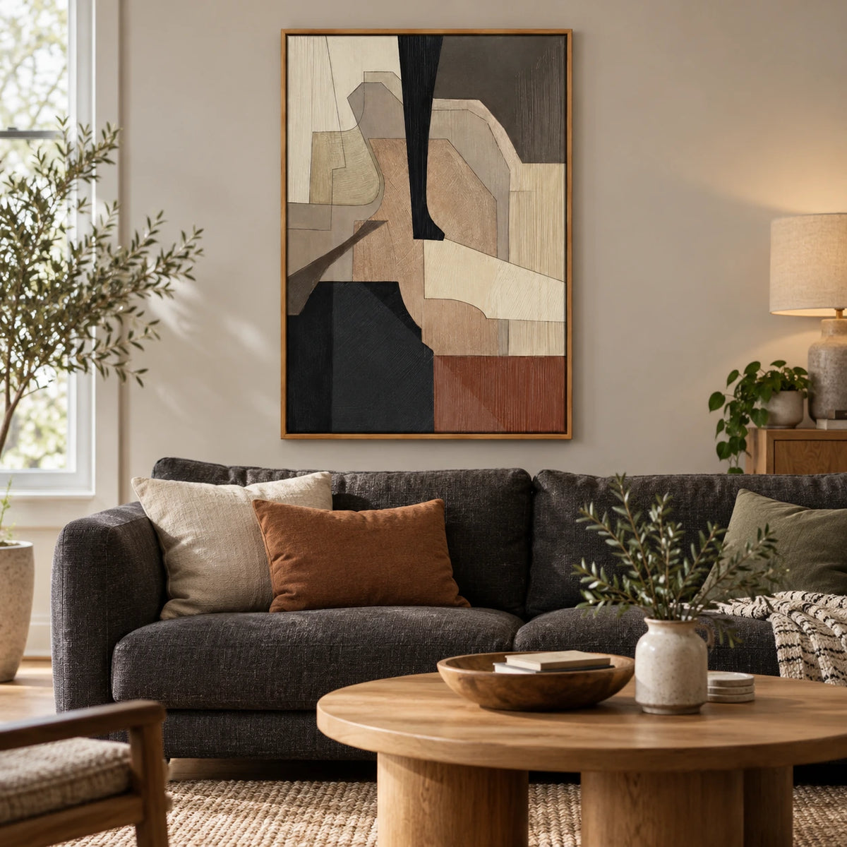 Neutral Geometric Shapes Oil Painting | Black Taupe Brown and Cream Layered Forms Vertical Abstract Wall Art OA 1763