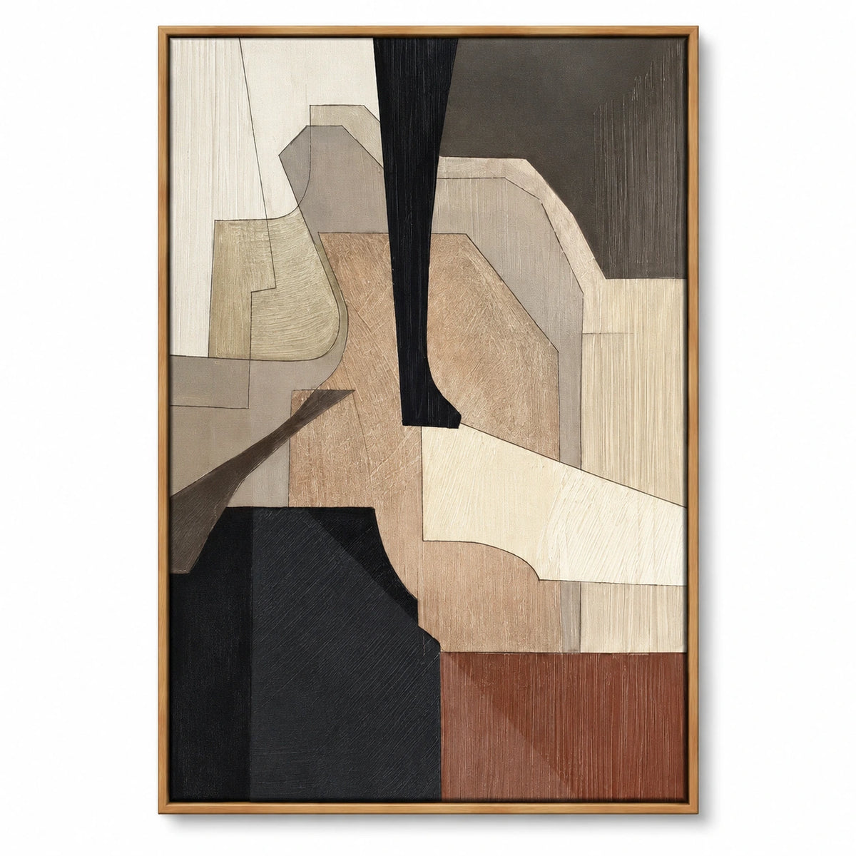 Neutral Geometric Shapes Oil Painting | Black Taupe Brown and Cream Layered Forms Vertical Abstract Wall Art OA 1763