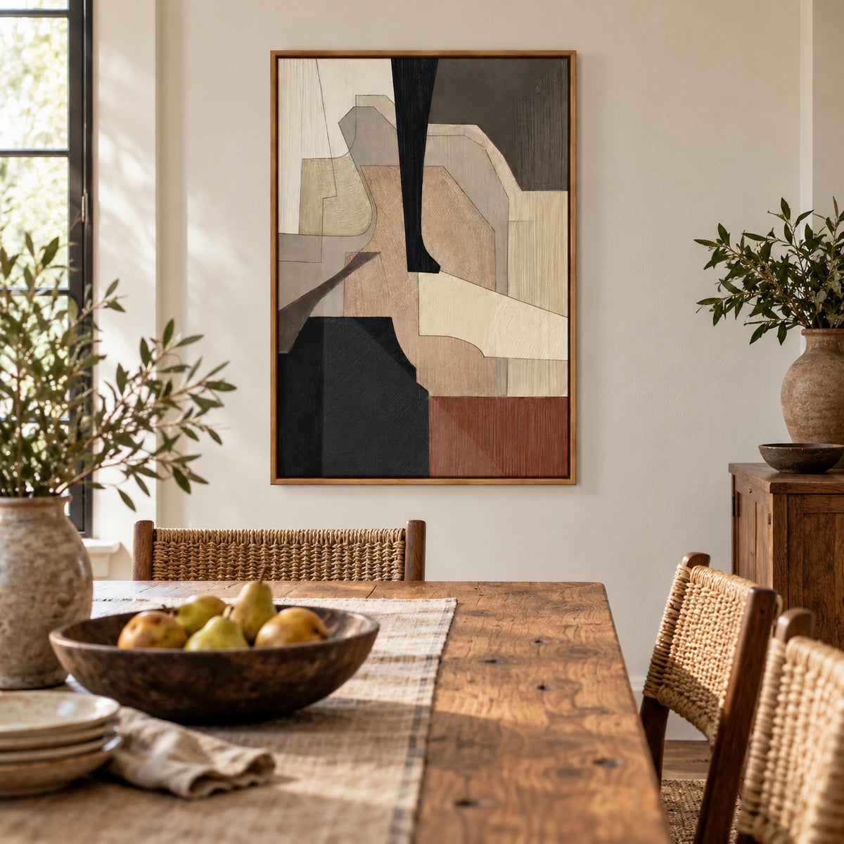Neutral Geometric Shapes Oil Painting | Black Taupe Brown and Cream Layered Forms Vertical Abstract Wall Art OA 1763