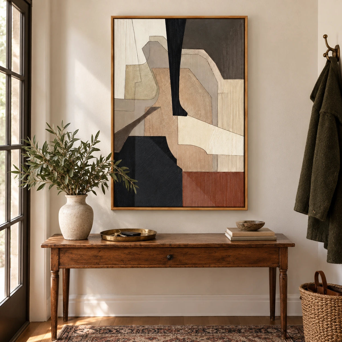 Neutral Geometric Shapes Oil Painting | Black Taupe Brown and Cream Layered Forms Vertical Abstract Wall Art OA 1763