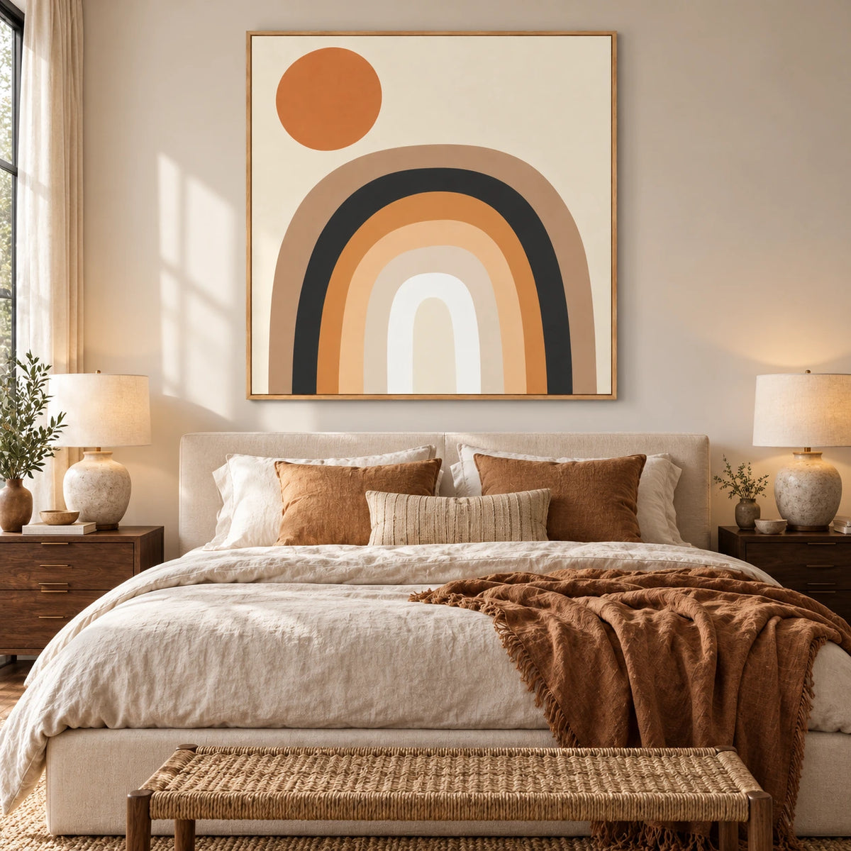 Neutral Rainbow and Terracotta Sun Oil Painting | Beige Black and Ochre Geometric Square Wall Art OA 1674