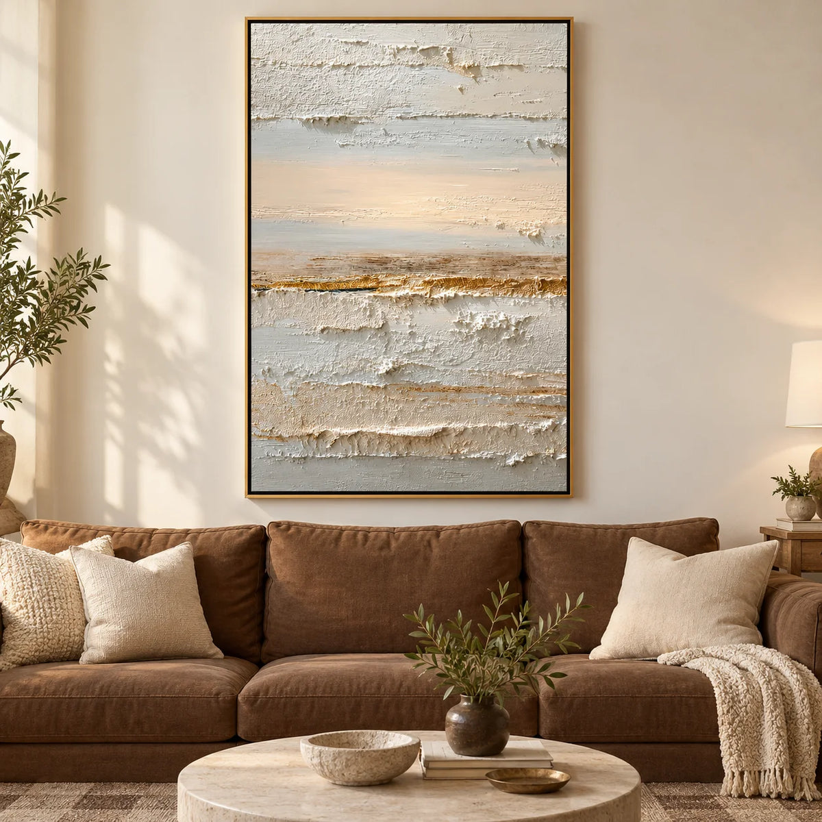 Neutral Abstract Landscape Canvas Wall Art – Textured Cream and Beige Painting for Minimalist Living Room Decor