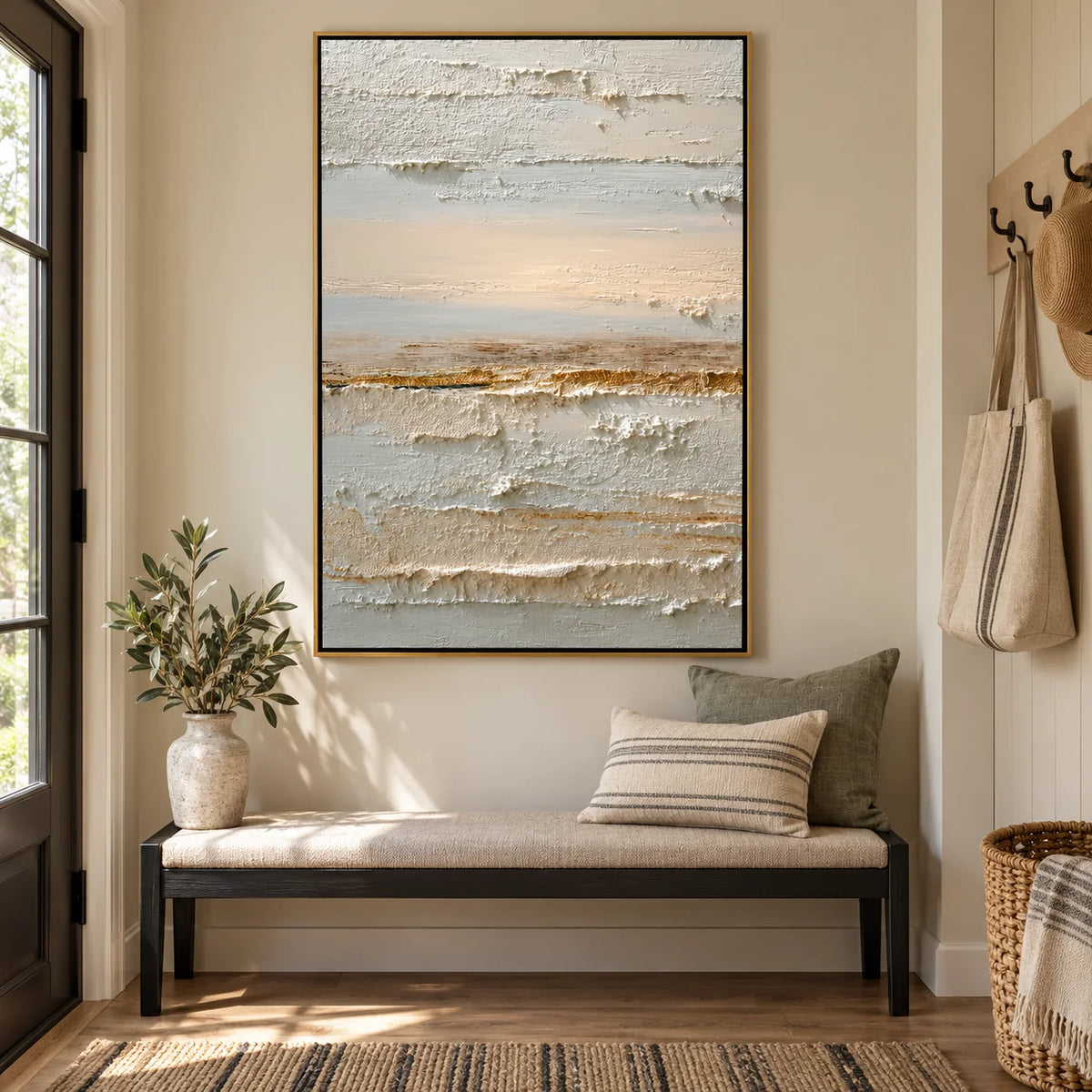 Neutral Abstract Landscape Canvas Wall Art – Textured Cream and Beige Painting for Minimalist Living Room Decor