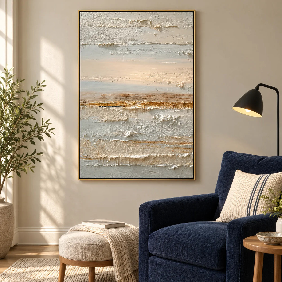 Neutral Abstract Landscape Canvas Wall Art – Textured Cream and Beige Painting for Minimalist Living Room Decor