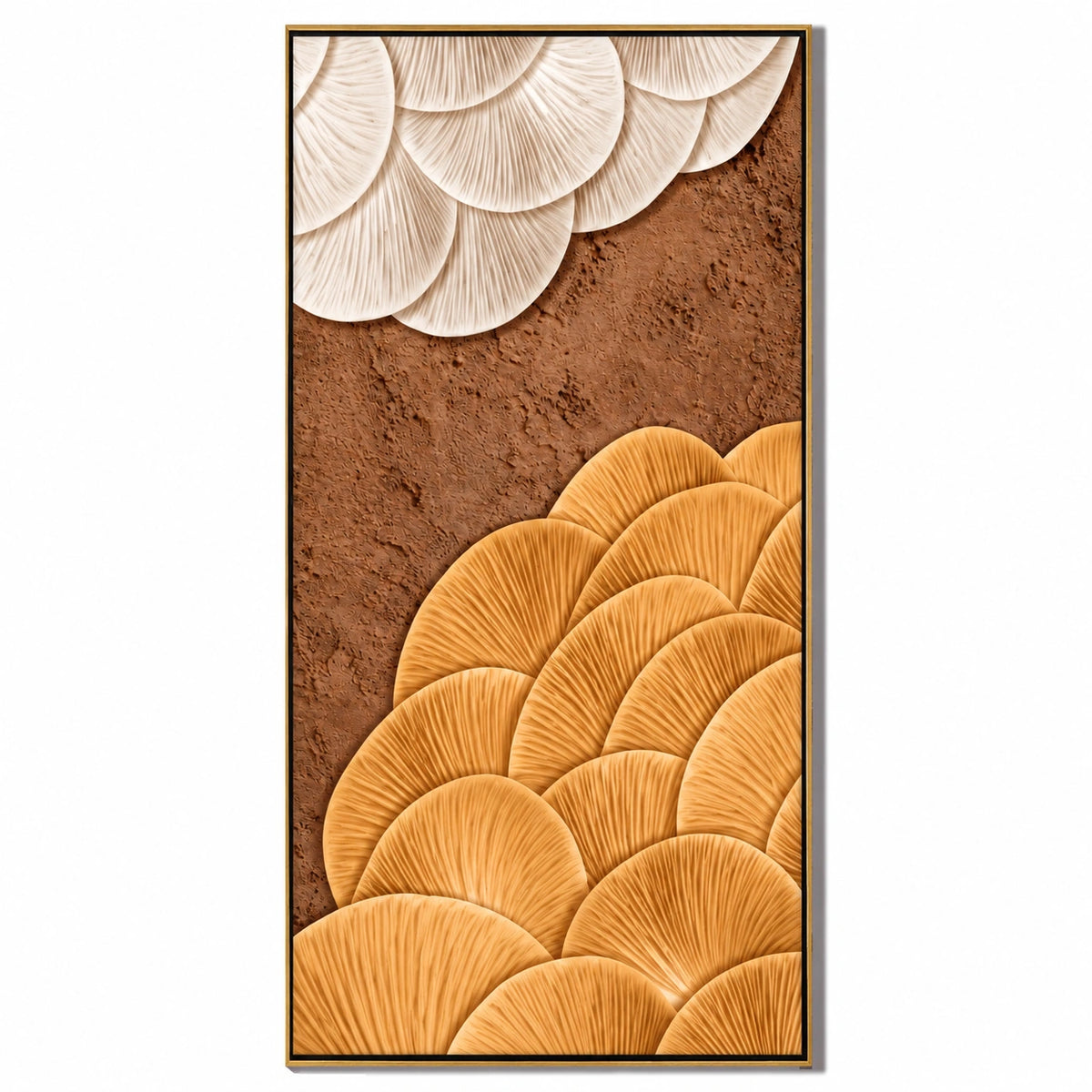 Ochre and Ivory Fan Abstract Oil Painting | Brown Sculptural Ribbed Texture Tall Vertical Wall Art #OA 1654