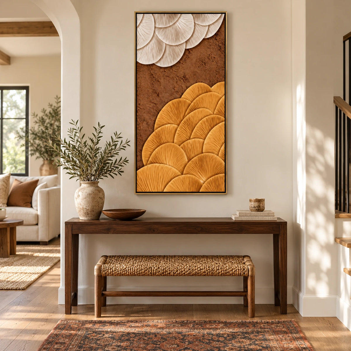 Ochre and Ivory Fan Abstract Oil Painting | Brown Sculptural Ribbed Texture Tall Vertical Wall Art #OA 1654