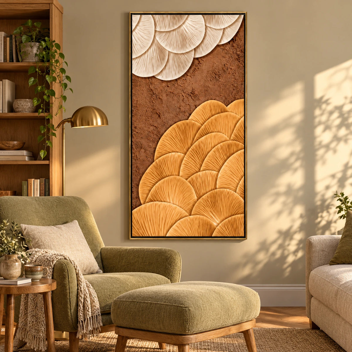 Ochre and Ivory Fan Abstract Oil Painting | Brown Sculptural Ribbed Texture Tall Vertical Wall Art #OA 1654