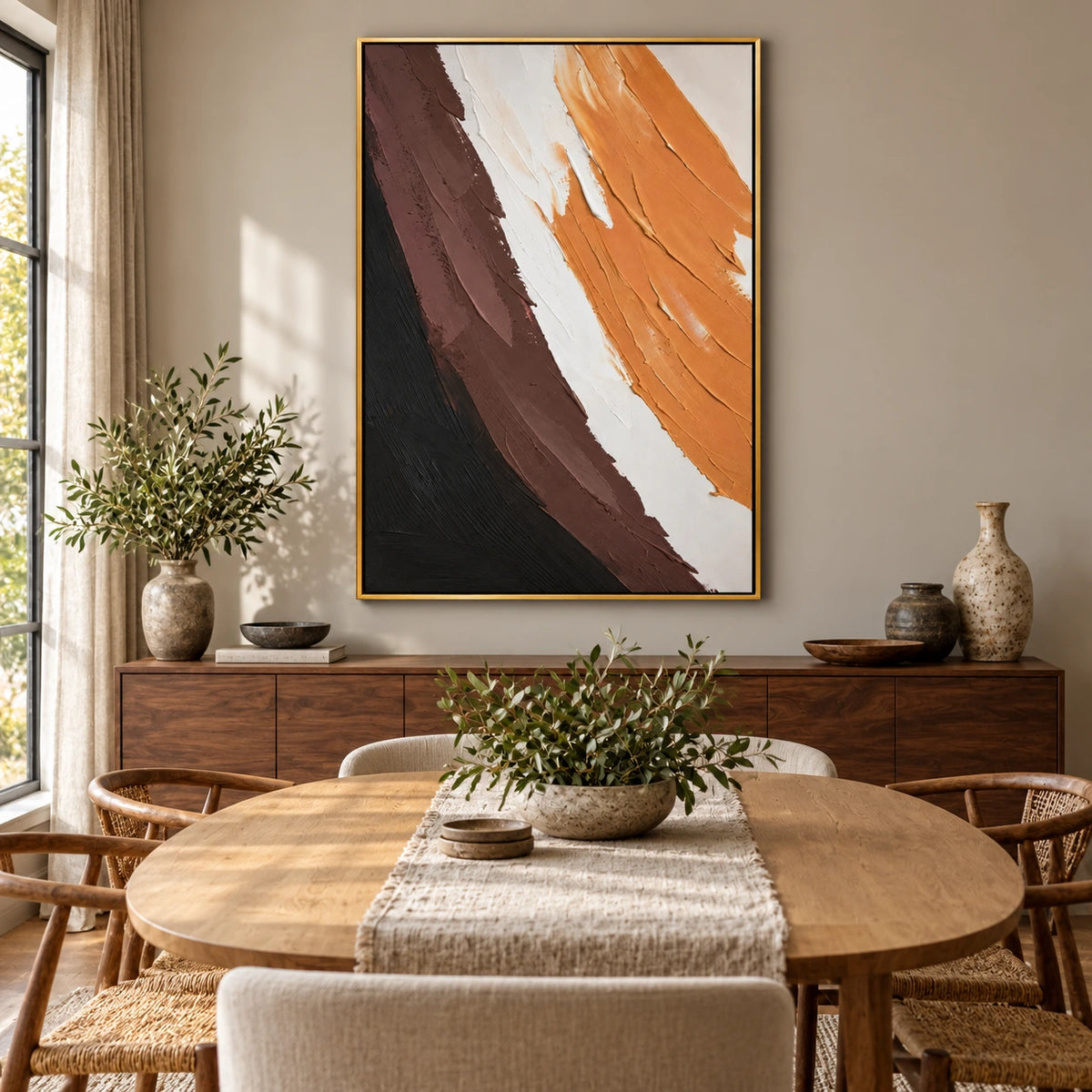 Orange Brown Black and White Abstract Oil Painting | Bold Diagonal Brushstrokes Textured Vertical Wall Art OA 1677