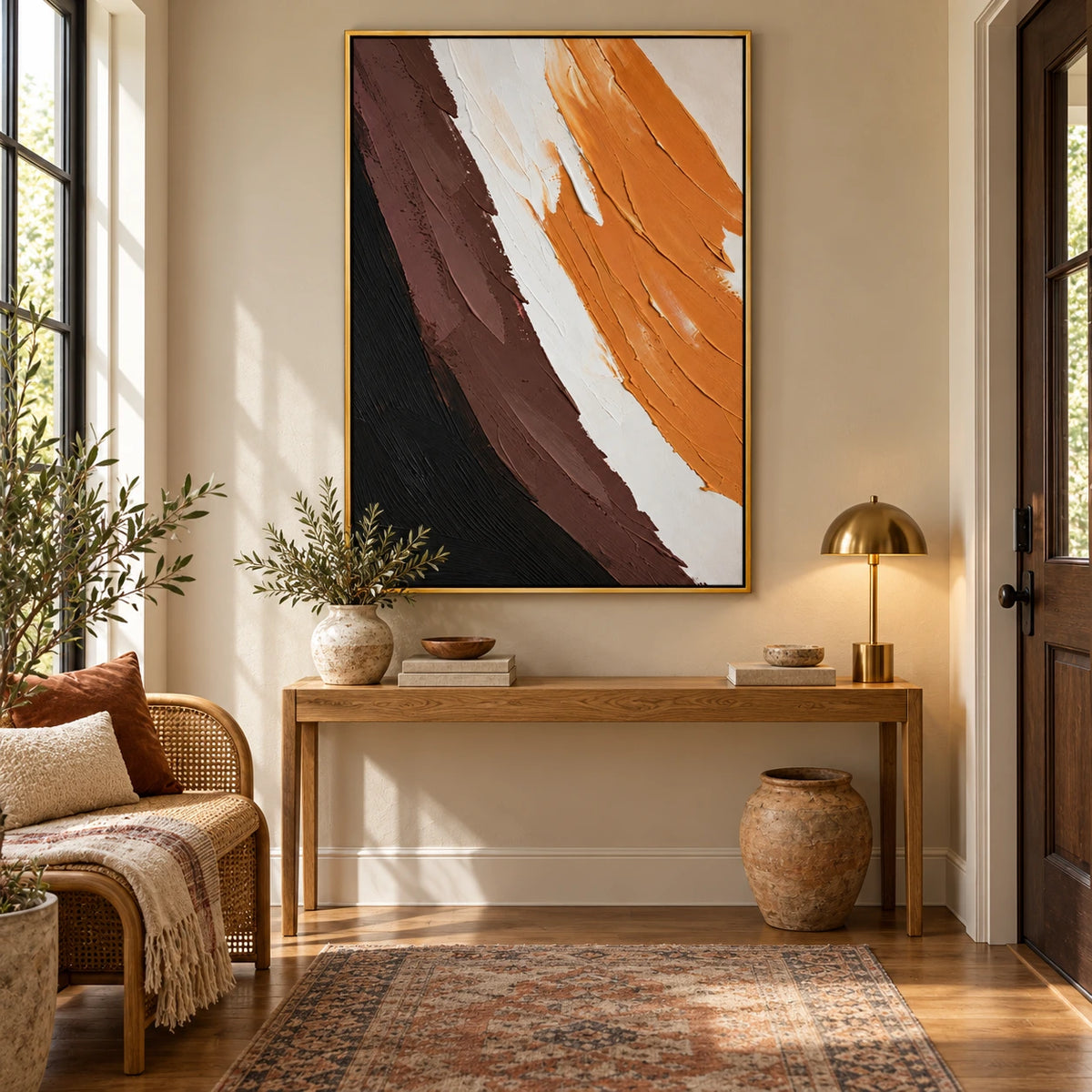 Orange Brown Black and White Abstract Oil Painting | Bold Diagonal Brushstrokes Textured Vertical Wall Art OA 1677