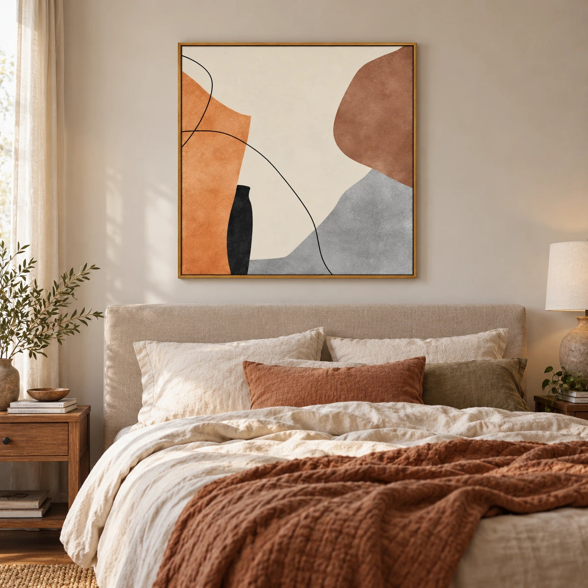 Orange Brown Grey and Cream Oil Painting | Fine Black Curves Organic Shapes Minimalist Square Abstract Wall Art OA 1776
