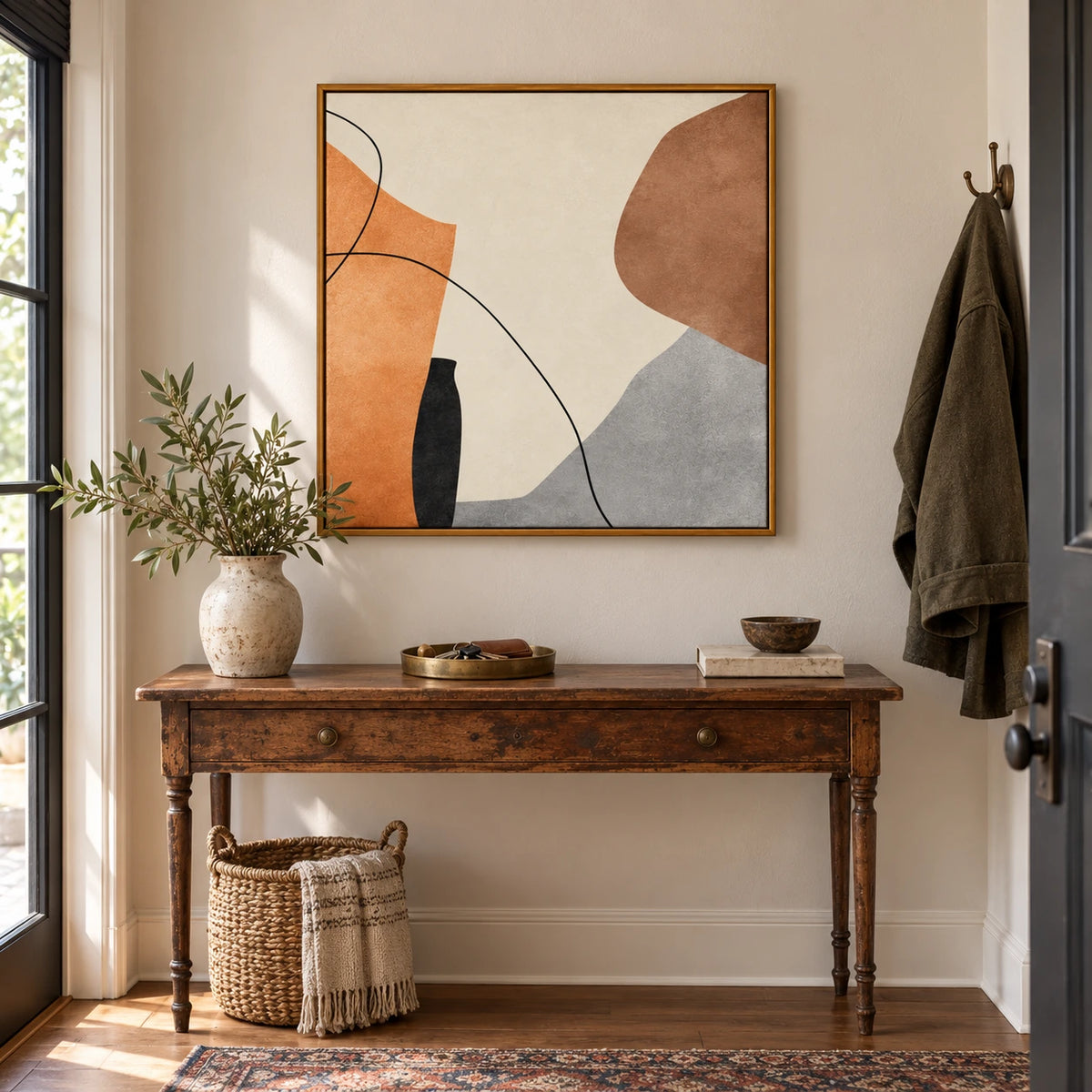 Orange Brown Grey and Cream Oil Painting | Fine Black Curves Organic Shapes Minimalist Square Abstract Wall Art OA 1776