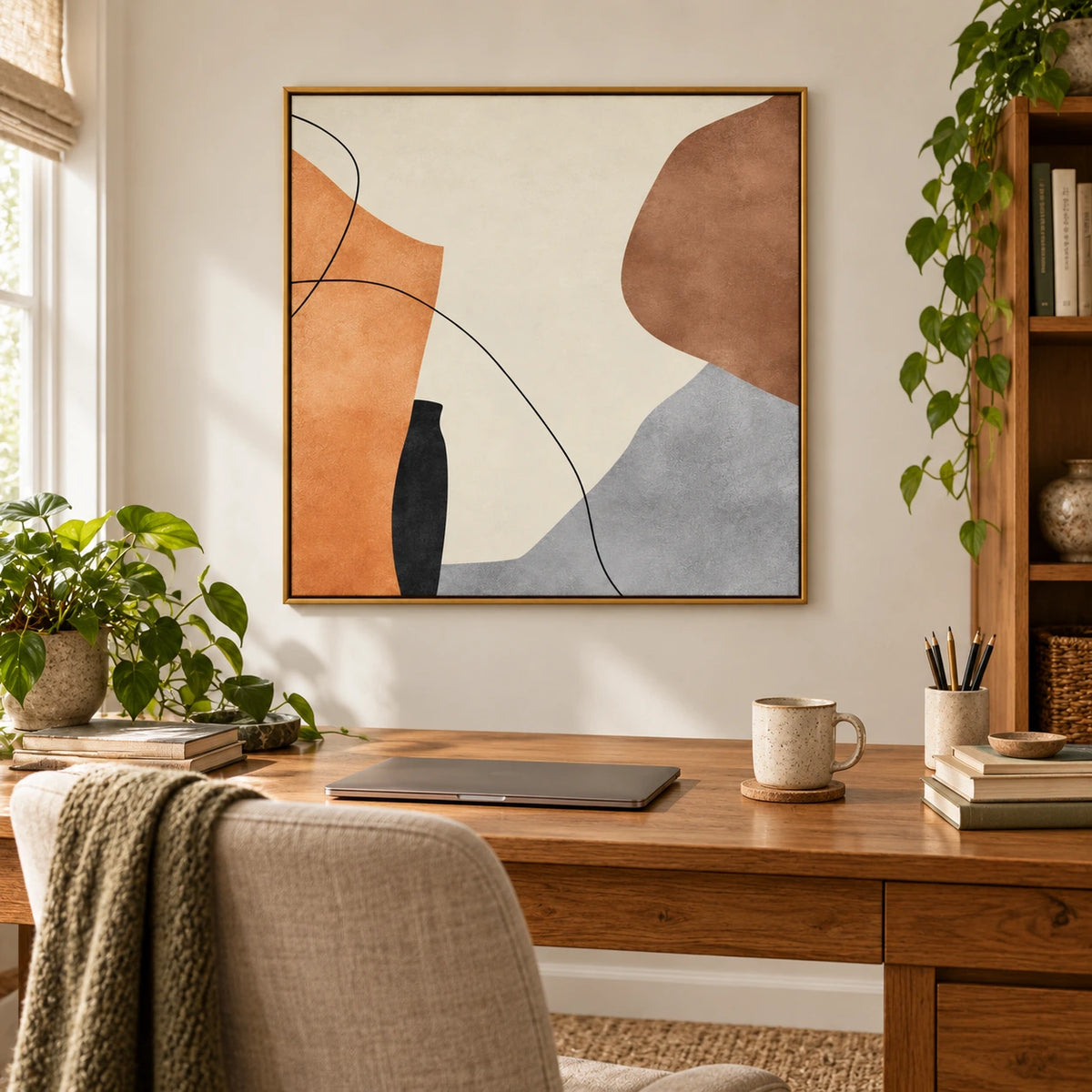 Orange Brown Grey and Cream Oil Painting | Fine Black Curves Organic Shapes Minimalist Square Abstract Wall Art OA 1776