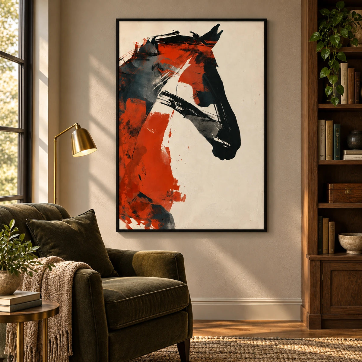 Orange and Black Abstract Horse Oil Painting | Modern Equestrian Portrait on Ivory Vertical Canvas Wall Art #OA 1633