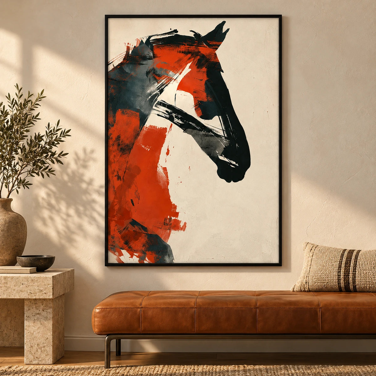 Orange and Black Abstract Horse Oil Painting | Modern Equestrian Portrait on Ivory Vertical Canvas Wall Art #OA 1633