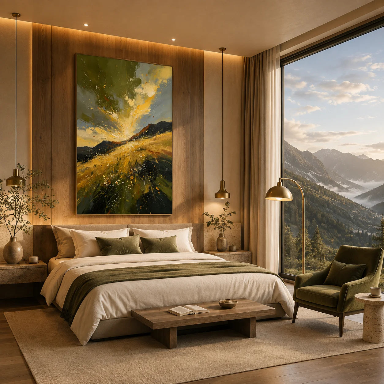 Original Hand-Painted Golden Mountain Landscape Oil Painting – Modern Abstract Impasto Field & Mountain Wall Art, Impressionist Nature Artwork for Living Room & Bedroom # OA 1334