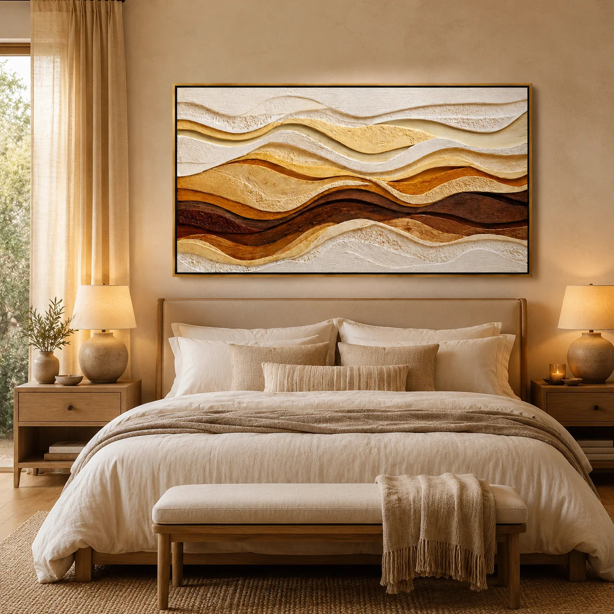 Hand-Painted Textured Abstract Wave Oil Painting, Brown Beige 3D Wall Art for Modern Luxury Home Decor#OA 0927