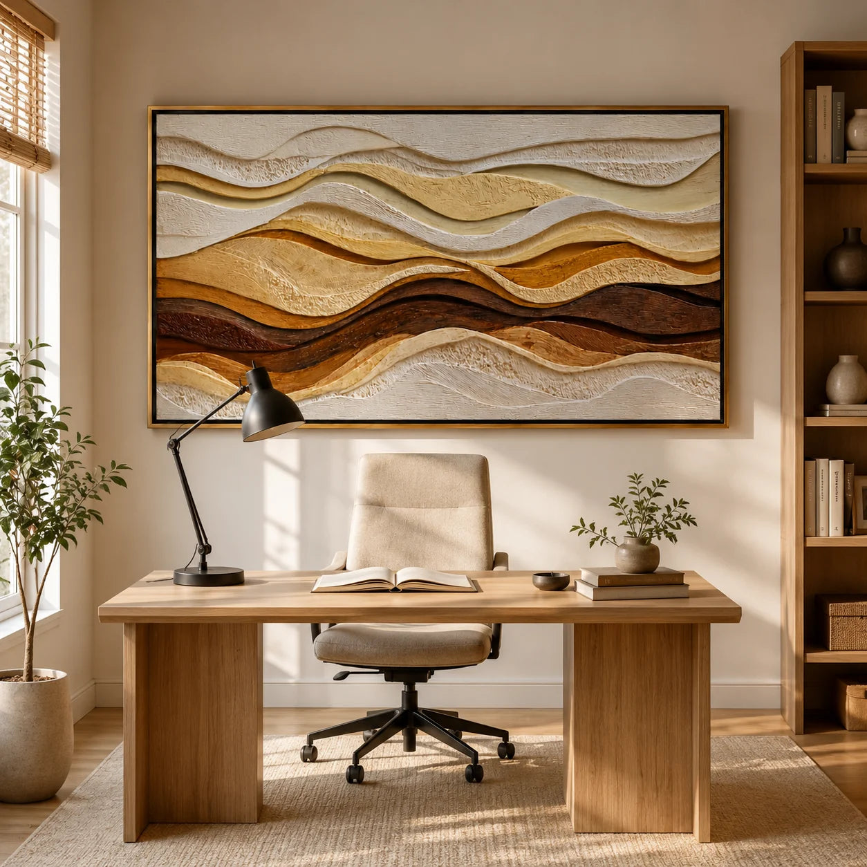 Hand-Painted Textured Abstract Wave Oil Painting, Brown Beige 3D Wall Art for Modern Luxury Home Decor#OA 0927
