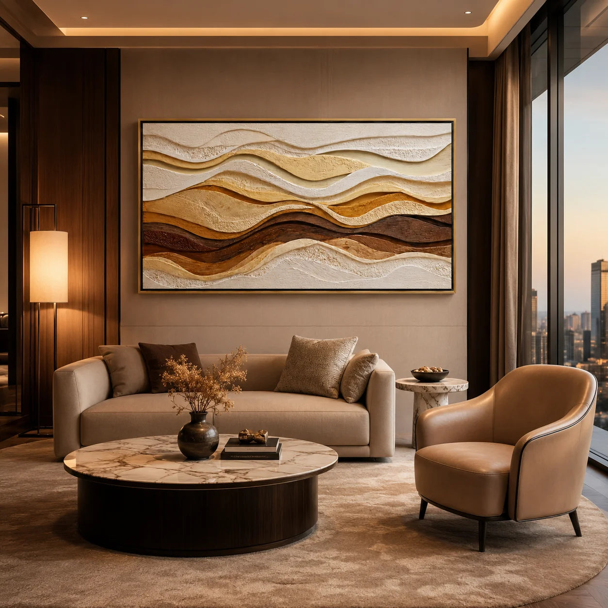Hand-Painted Textured Abstract Wave Oil Painting, Brown Beige 3D Wall Art for Modern Luxury Home Decor#OA 0927