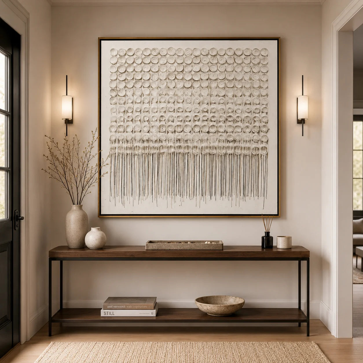 Hand-Painted White Textured Abstract Oil Painting, 3D Circle Wall Art for Minimalist Luxury Home Decor #OA 0924