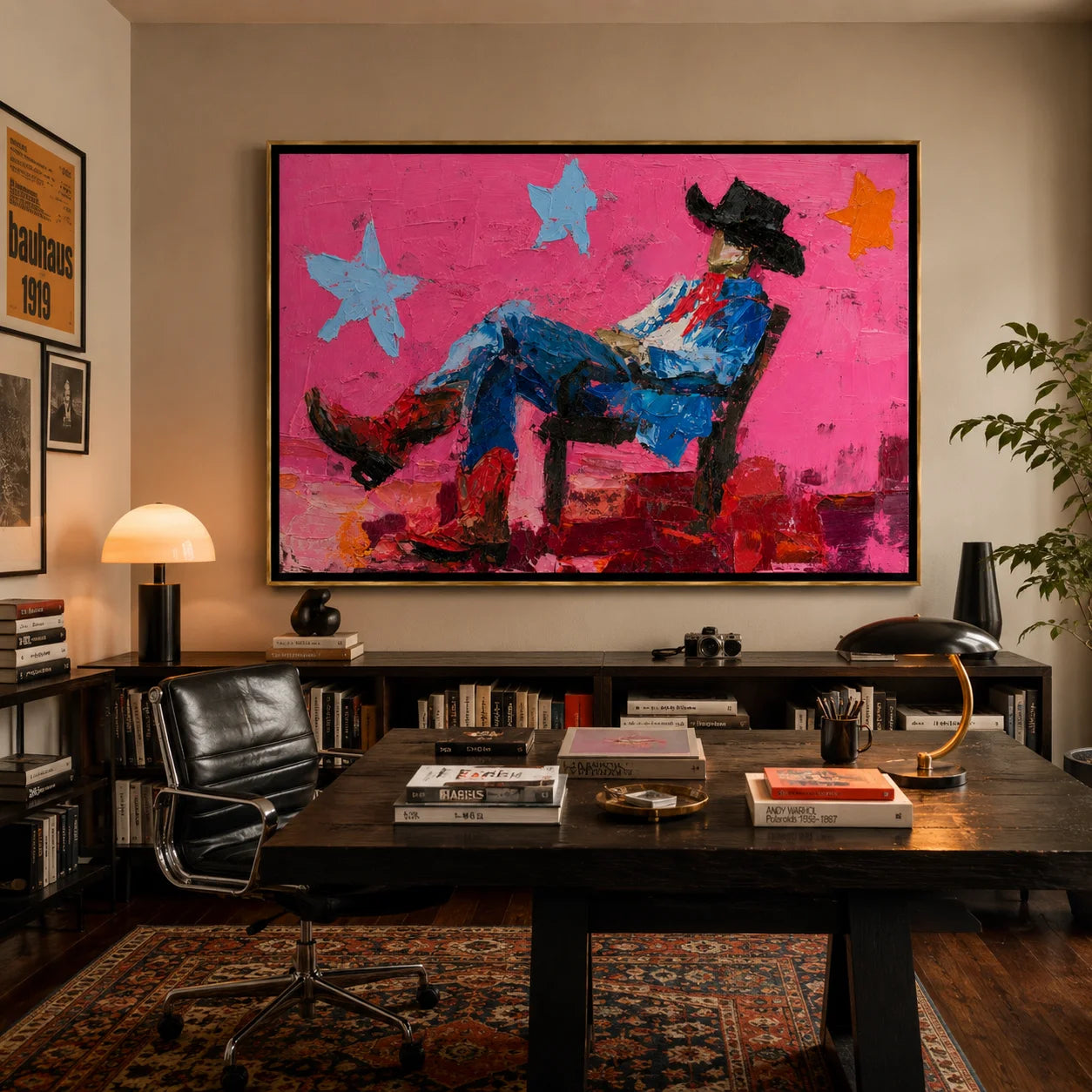 Pink Cowboy Hand-Painted Oil Painting, Horizontal Textured Western Wall Art for Modern Home Decor#OA 0970