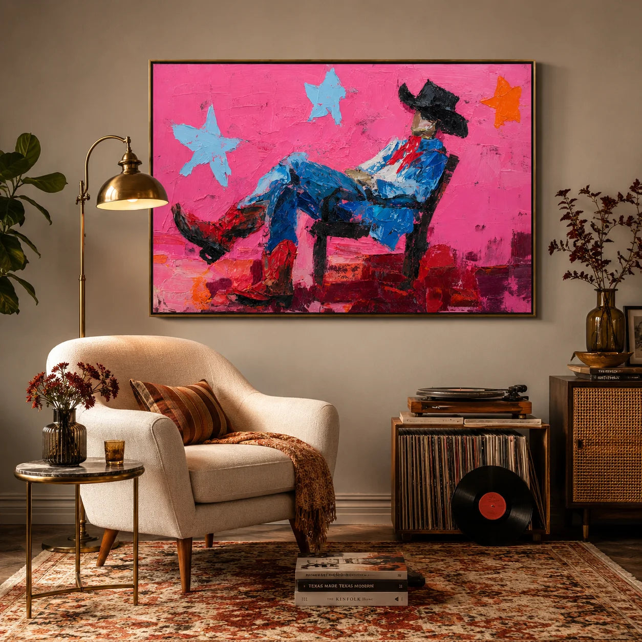 Pink Cowboy Hand-Painted Oil Painting, Horizontal Textured Western Wall Art for Modern Home Decor#OA 0970