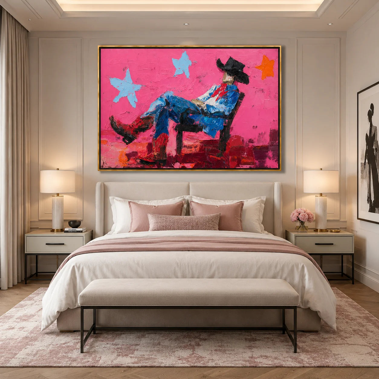 Pink Cowboy Hand-Painted Oil Painting, Horizontal Textured Western Wall Art for Modern Home Decor#OA 0970