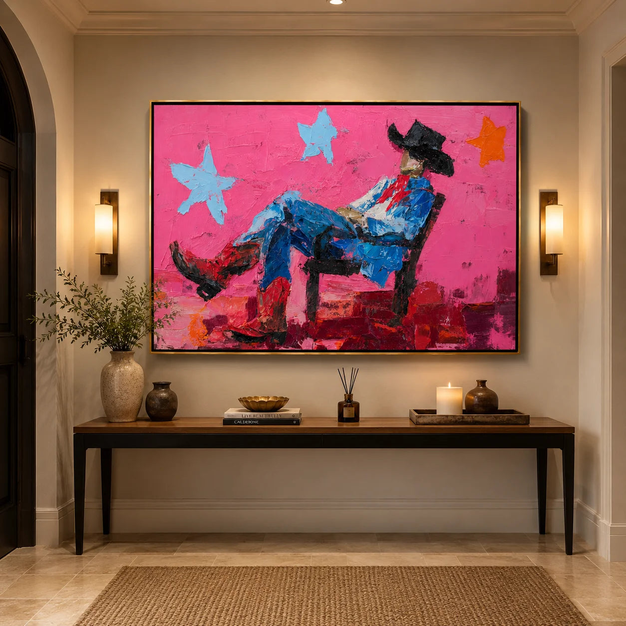Pink Cowboy Hand-Painted Oil Painting, Horizontal Textured Western Wall Art for Modern Home Decor#OA 0970