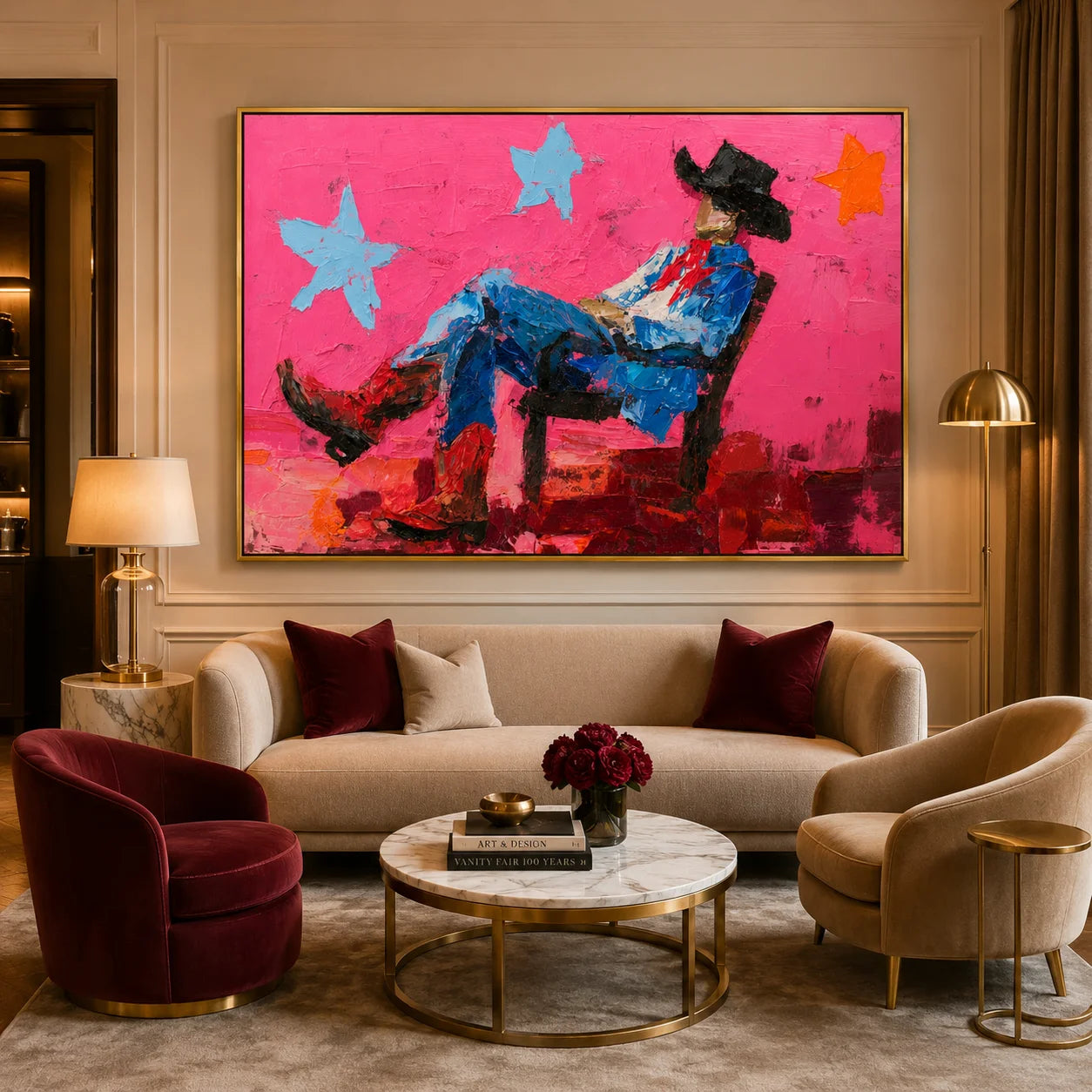 Pink Cowboy Hand-Painted Oil Painting, Horizontal Textured Western Wall Art for Modern Home Decor#OA 0970