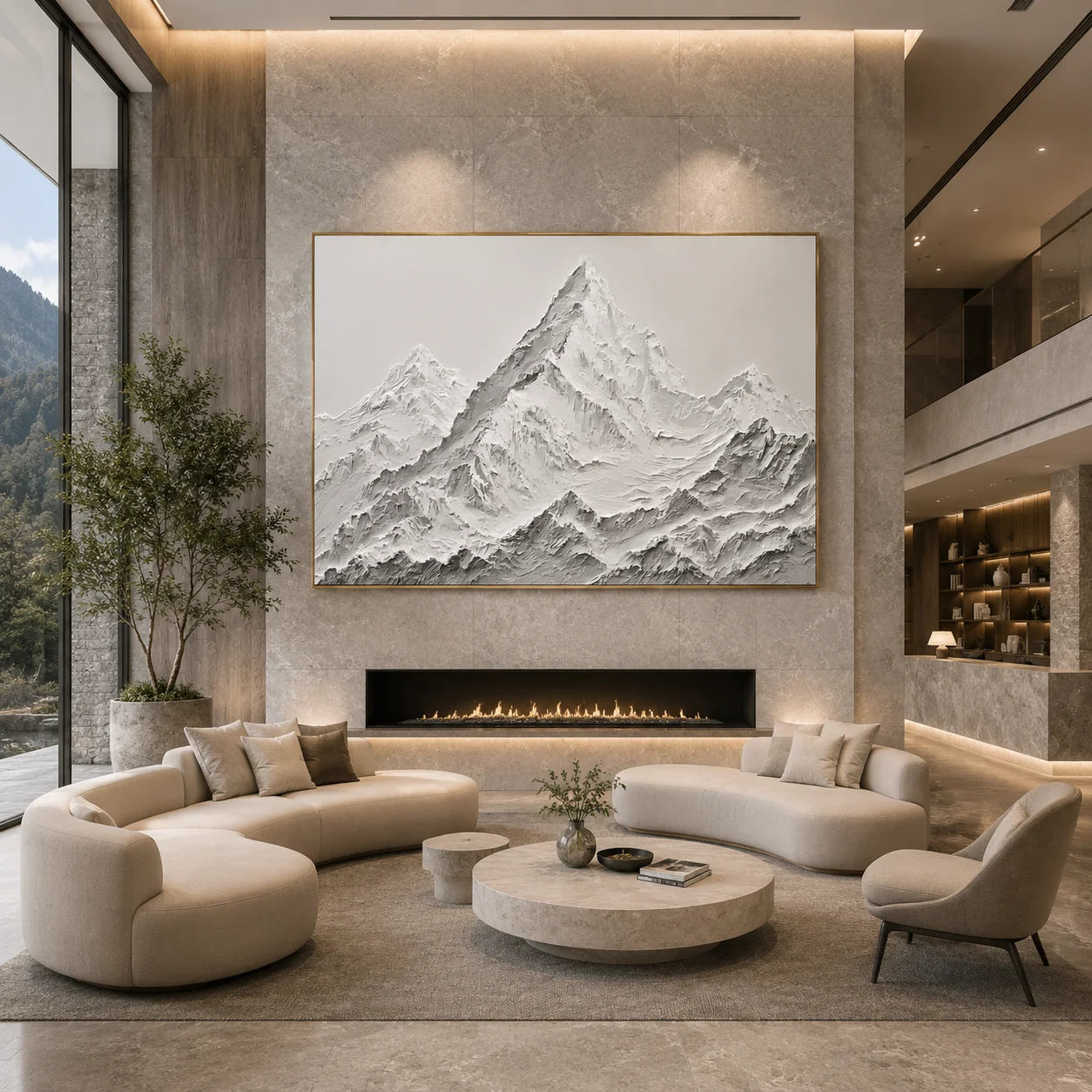 Snow Mountain Landscape Hand-Painted Oil Painting | White Gray Textured Mountain Wall Art # OA 1072