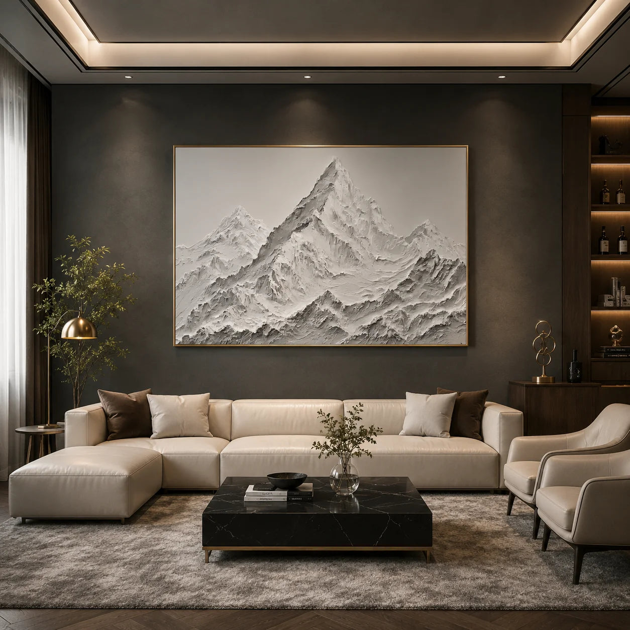 Snow Mountain Landscape Hand-Painted Oil Painting | White Gray Textured Mountain Wall Art # OA 1072