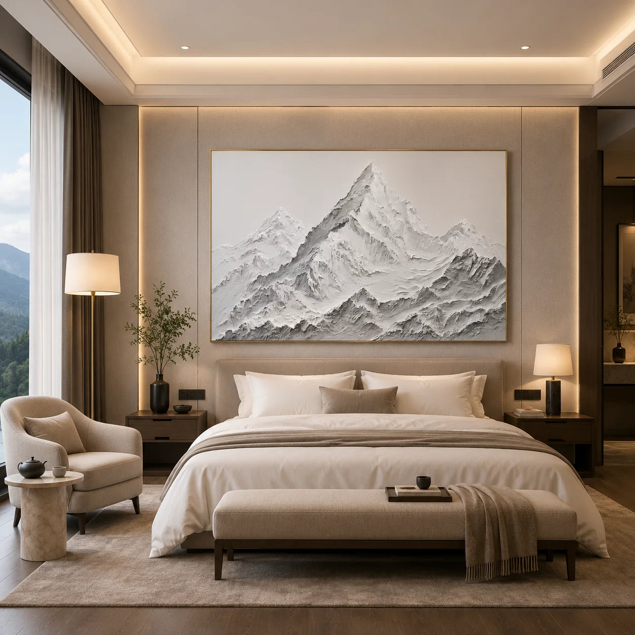 Snow Mountain Landscape Hand-Painted Oil Painting | White Gray Textured Mountain Wall Art # OA 1072