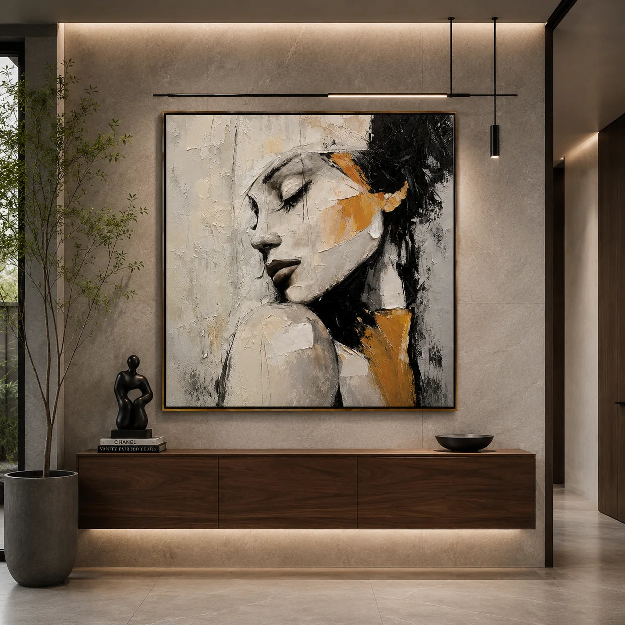 Textured Abstract Woman Portrait Wall Art – Modern Figurative Canvas Painting for Contemporary Living Room Decor