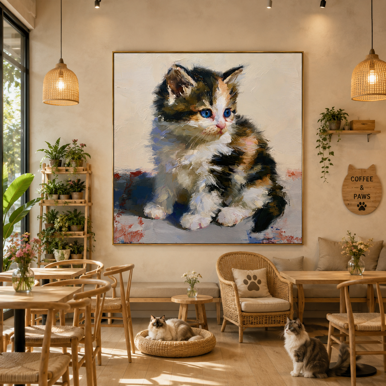 Blue-Eyed Kitten Hand-Painted Oil Painting – Cute Cat Wall Art # OA 1107