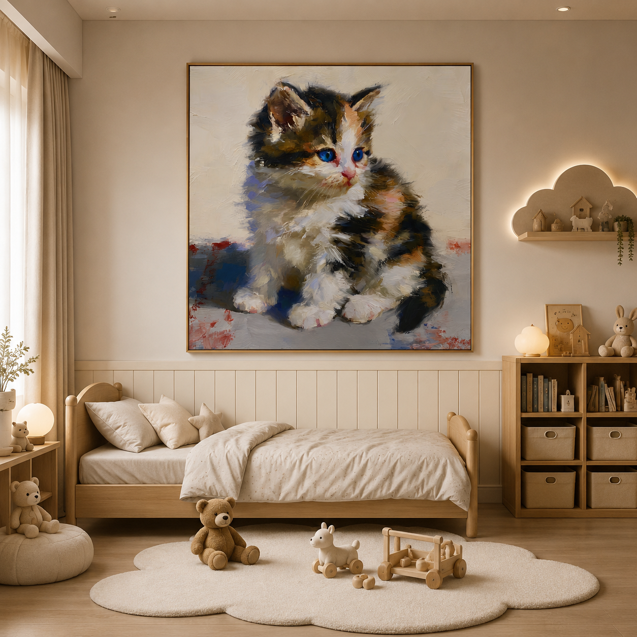 Blue-Eyed Kitten Hand-Painted Oil Painting – Cute Cat Wall Art # OA 1107
