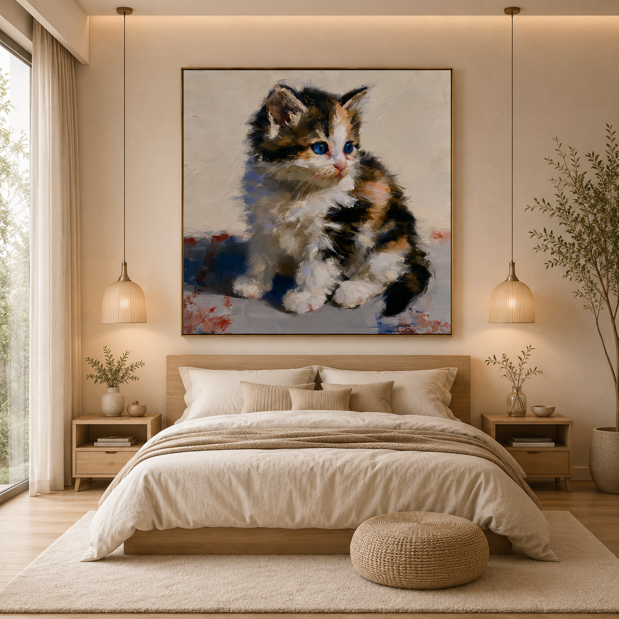 Blue-Eyed Kitten Hand-Painted Oil Painting – Cute Cat Wall Art # OA 1107