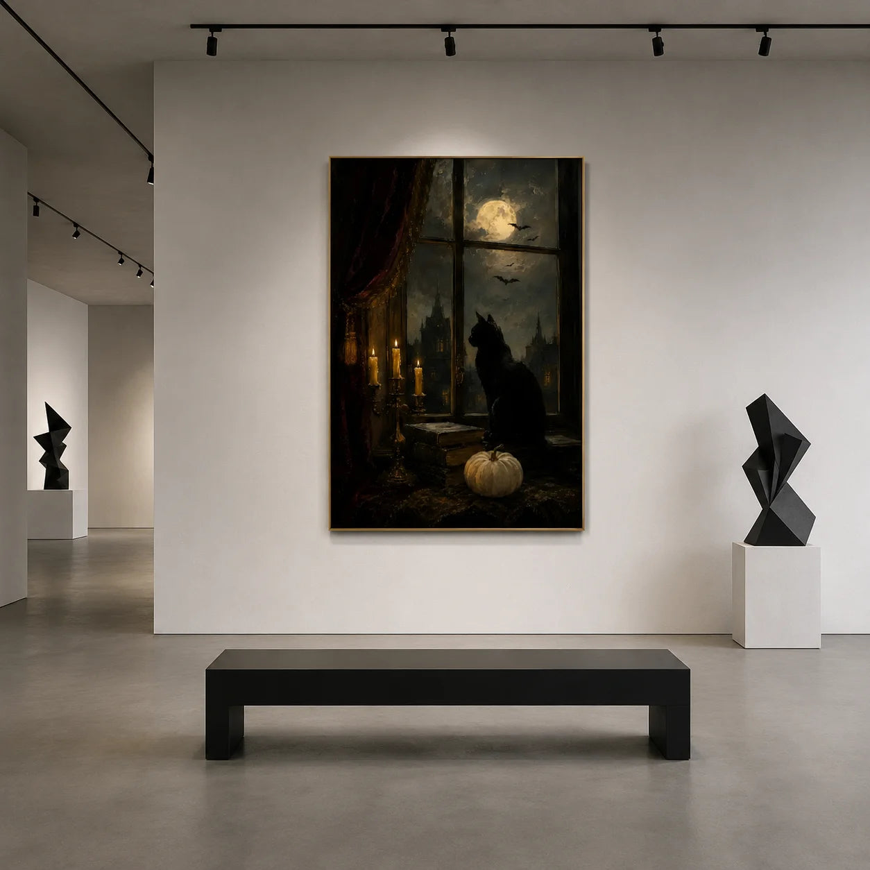 Ownanart Hand-Painted Black Cat Under Full Moon Oil Painting | Gothic Halloween Wall Art | Dark Academia Canvas Artwork | Mystical Castle Night Window Decor for Living Room, Bedroom & Entryway # OA 1289