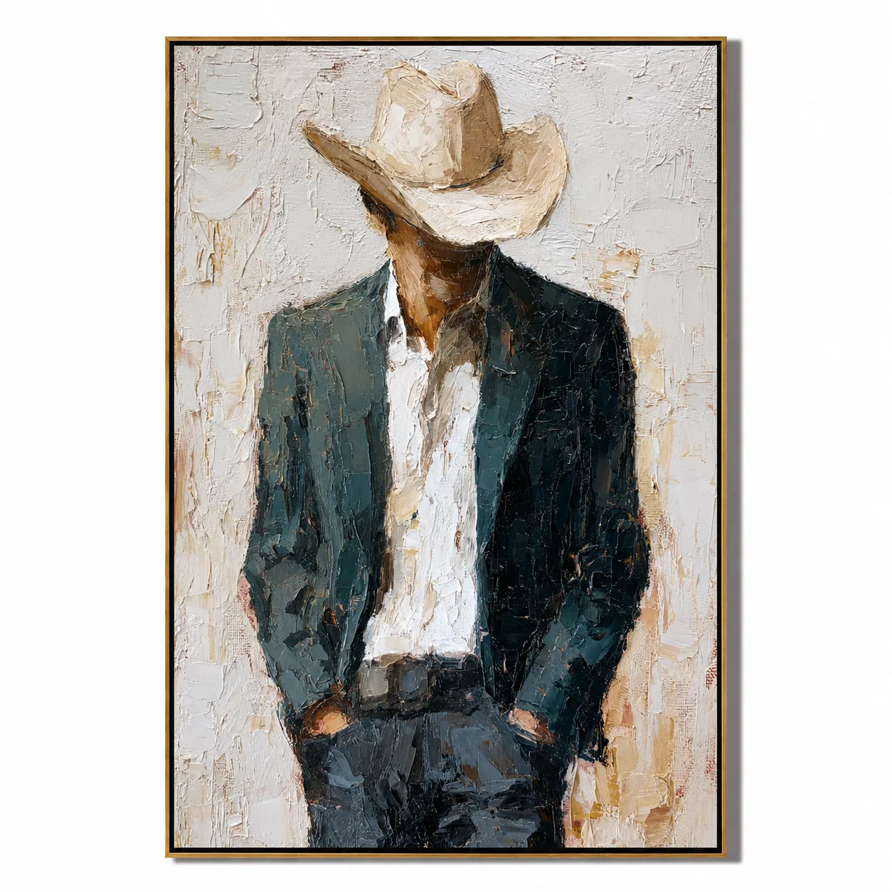 Hand-Painted Cowboy Oil Painting, Textured Western Portrait Canvas Wall Art for Rustic Luxury Home Decor#OA 0934