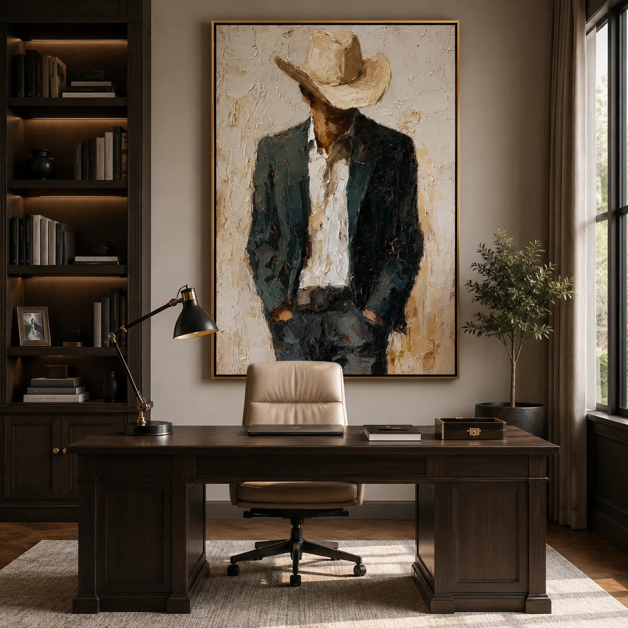 Hand-Painted Cowboy Oil Painting, Textured Western Portrait Canvas Wall Art for Rustic Luxury Home Decor#OA 0934