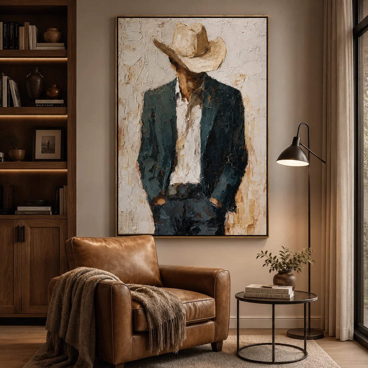Hand-Painted Cowboy Oil Painting, Textured Western Portrait Canvas Wall Art for Rustic Luxury Home Decor#OA 0934