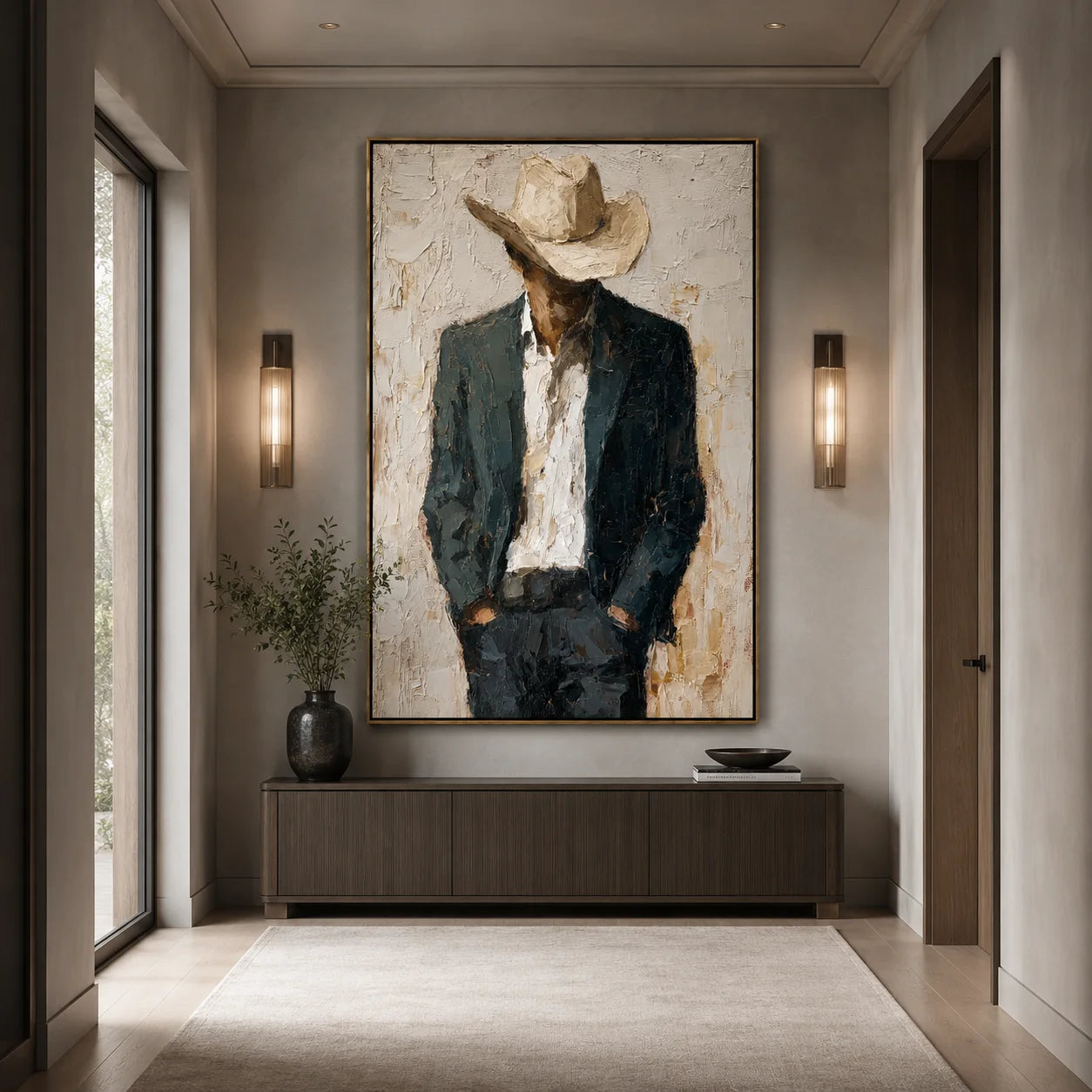 Hand-Painted Cowboy Oil Painting, Textured Western Portrait Canvas Wall Art for Rustic Luxury Home Decor#OA 0934