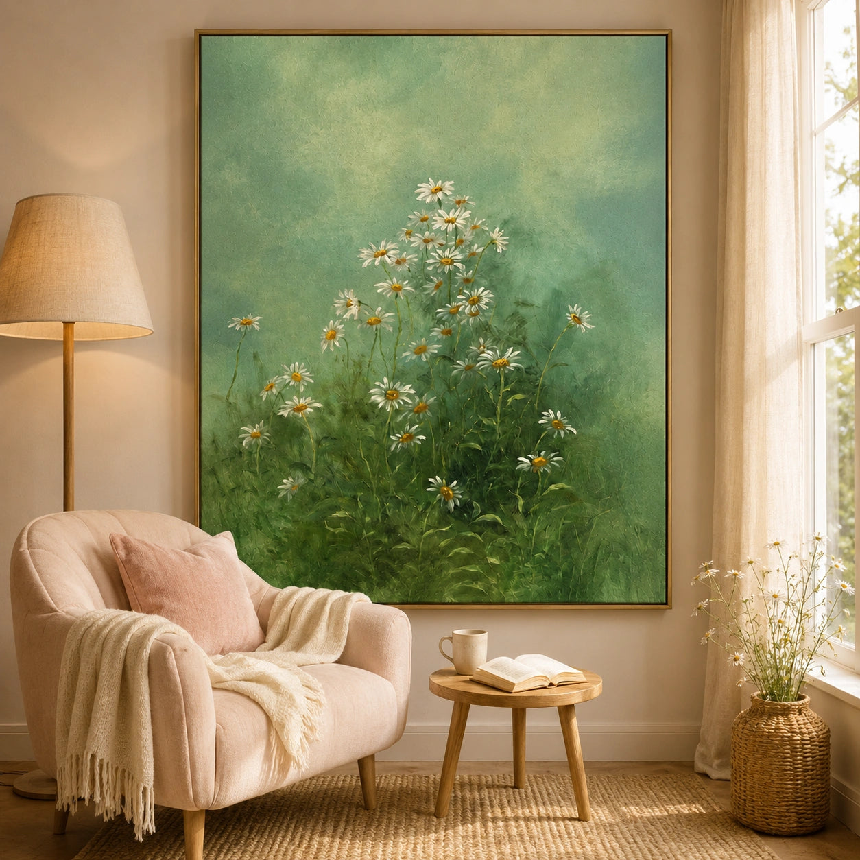 Ownanart Hand-Painted Green Daisy Meadow Oil Painting – Sage Botanical Floral Wall Art for Natural Home Decor # OA 1287