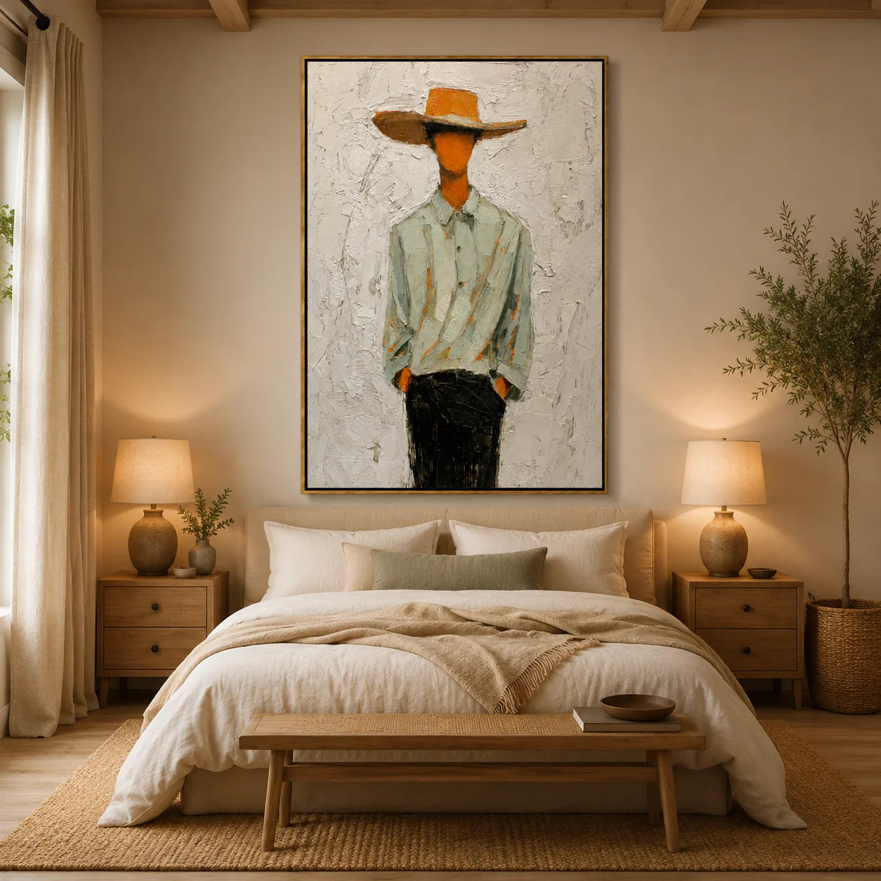 Hand-Painted Minimalist Cowboy Oil Painting, Textured Western Portrait Canvas Wall Art for Modern Farmhouse Decor#OA 0933